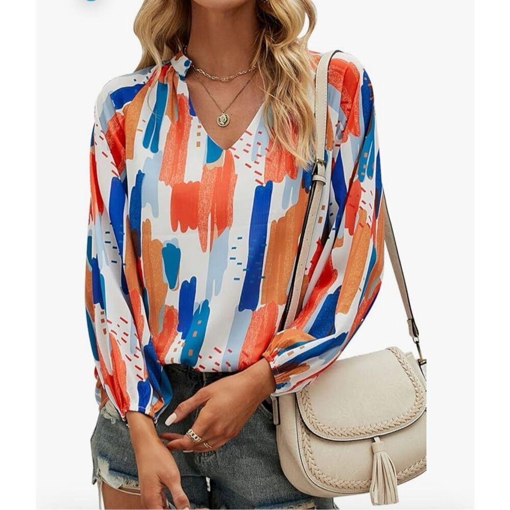 NEW~ Long Sleeve V Neck Loose Chiffon Abstract Blouse S